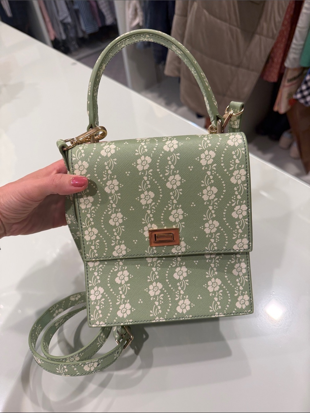 Green Floral Mini Top-Handle Crossbody Bag